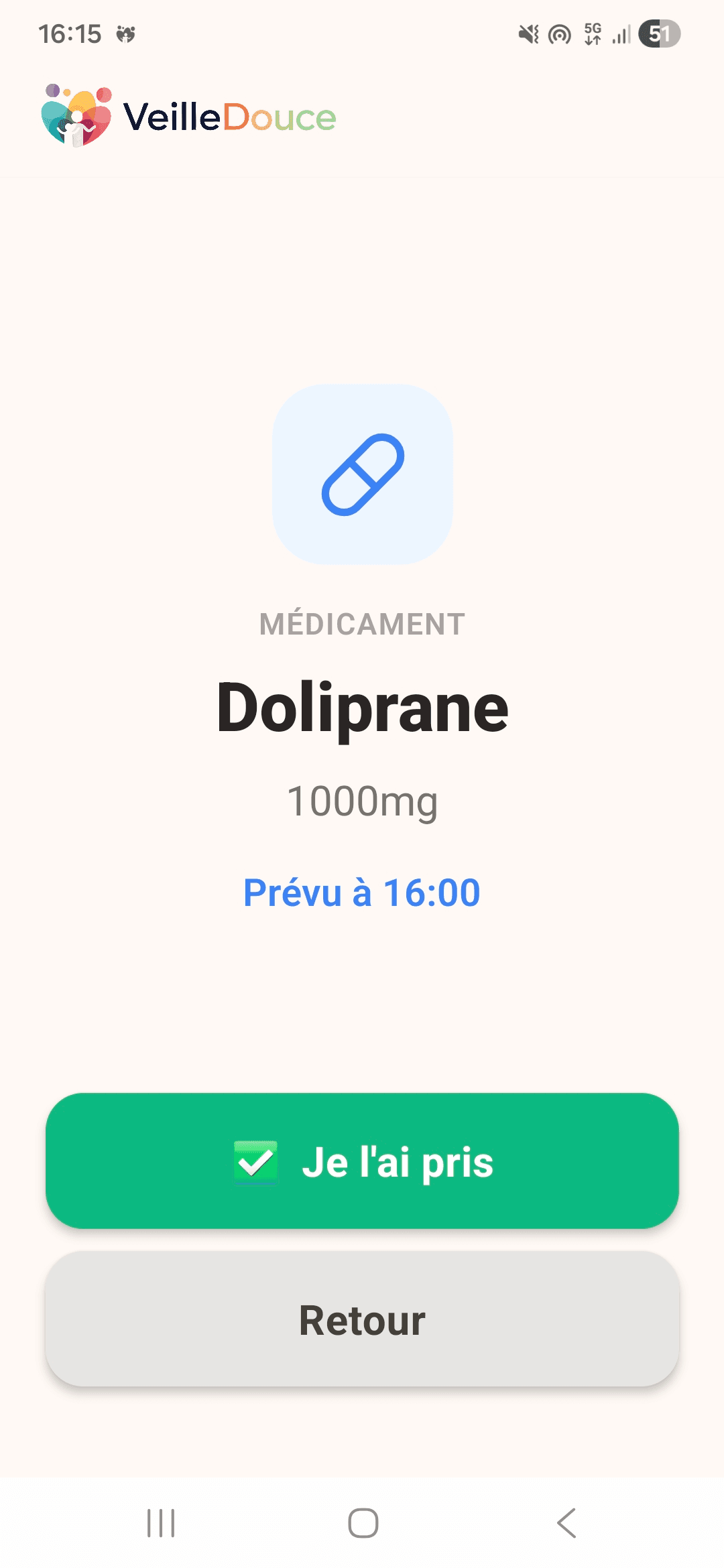 Écran parent — rappel médicament