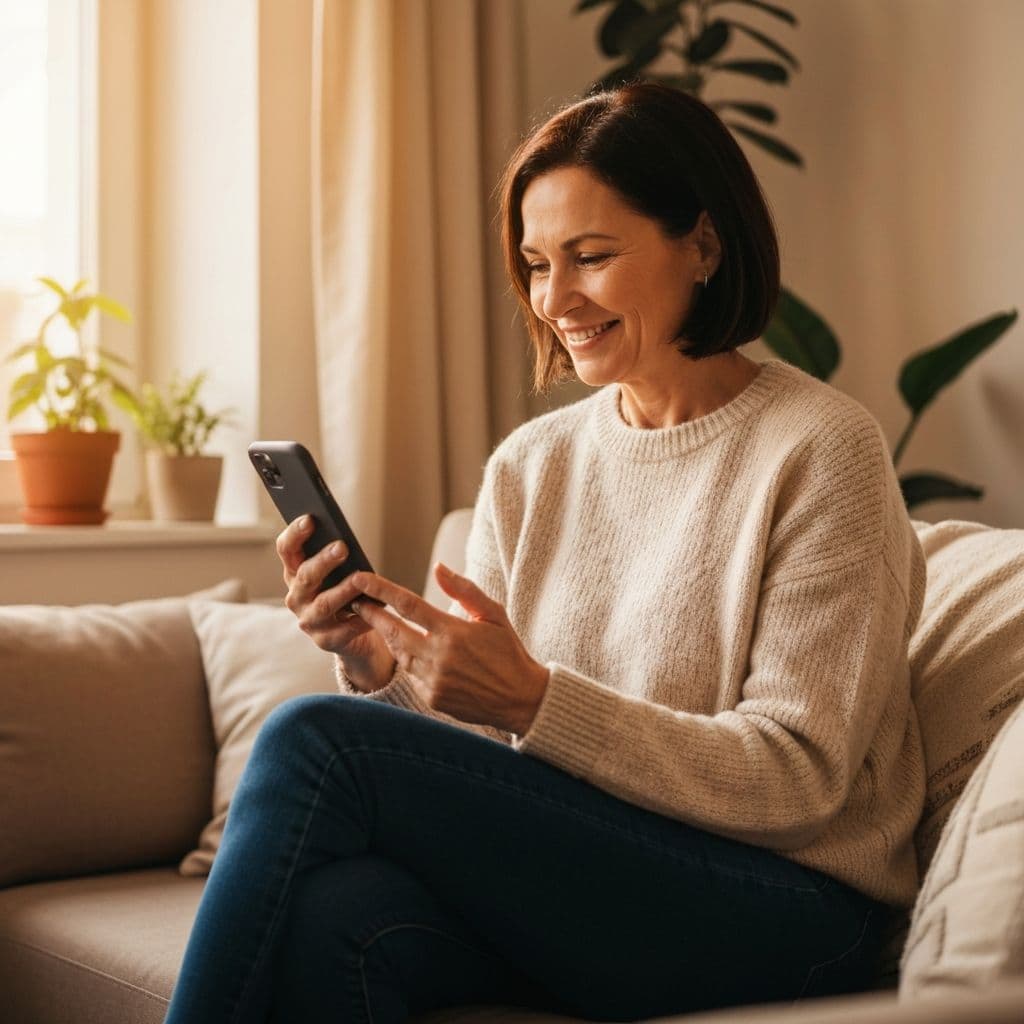 Une femme regardant son téléphone avec sérénité